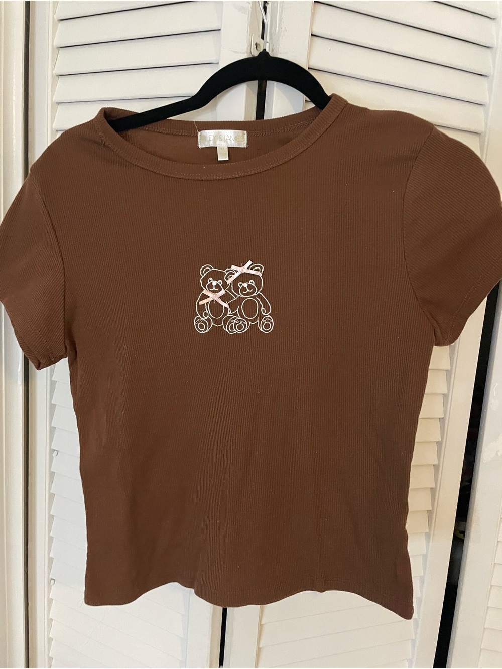 Brown Ribbed Short-Sleeve Tee with White Teddy Embroidery